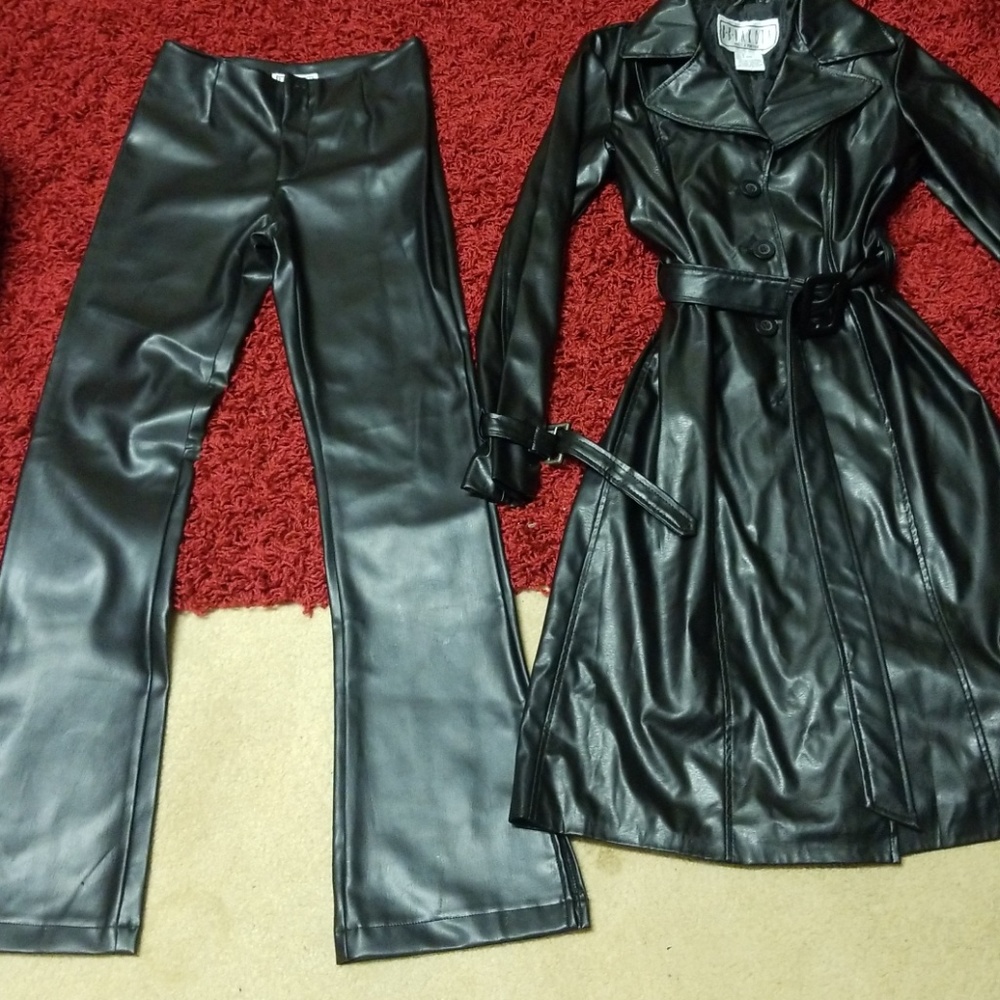 Leather long jacket and leather pant suit.